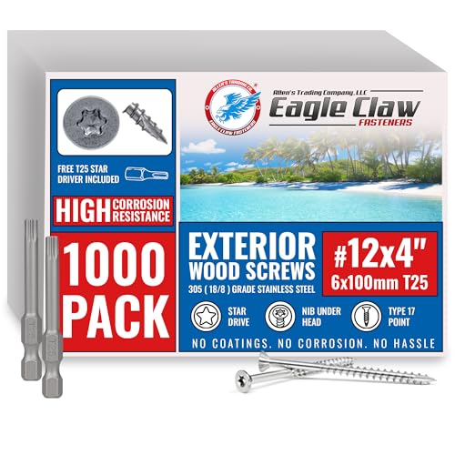 Image of #12 x 4 Inch Stainless Steel Deck Screws | 305 Grade (1000 Pack) | Flat Head T25 Star Torx Drive | Stainless Steel Screws by Eagle Claw Fasteners | Corrosion & Rust Resistant (Includes Driver Bit)