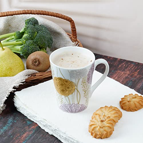 Image of Dandy Lines Conical Mug with Multicoloured Flowers, Ceramic, Pack of 4, Microwave & Dishwasher Safe, Great for Home Use & Gifting
