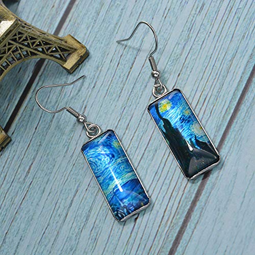 Wixine 2Pair Rectangle Van Gogh Starry Night Landscape Square Circle Van Gogh Starry Night Silver Trendy Glass Earrings4