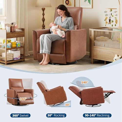Image of Swivel Rocking Nursery Recliner Chair, Glider Rocker Recliner with High Backrest & Deep Seat, PU Leather Sofa Chair for Nursery, Living Room, Bedroom and Home Theater, Brown