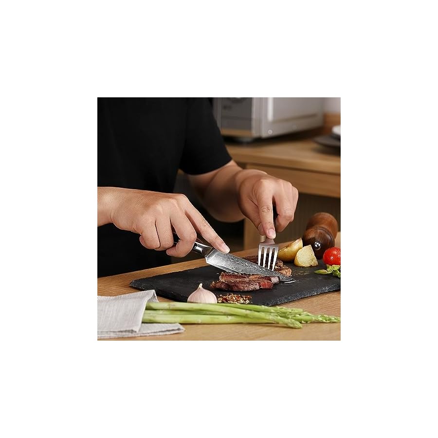 Sunnecko-Damascus-Steak-Knives-Set-of-6-Non-Serrated-Japanese-VG10-Stainless-Steel-Steak-knives-Dishwasher-Safe-5-Inch-Steak-Knives-G10-Handle-with-Wood-Gift-Box Sunnecko Damascus Steak Knives Set of 6 Non Serrated, Japanese VG10 Stainless Steel Steak knives Dishwasher Safe, 5 Inch Steak Knives G10 Handle with Wood Gift Box