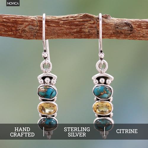 NOVICA Artisan Handmade Citrine Dangle Earrings Turquoise Sterling Silver Reconstituted Yellow Blue India Birthstone [1.6 in L x 0.2 in W x 0.2 in D] Sunshine and Sky3