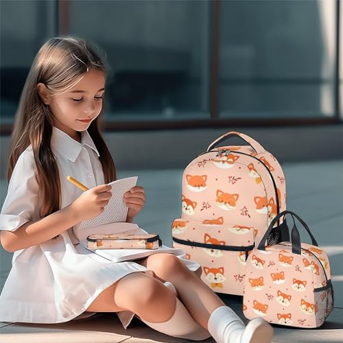 Fox Backpack with Lunch Box Set for Girls, 3 in 1 School Backpacks Matching Combo, Cute Orange Bookbags and Pencil Case Bundle2