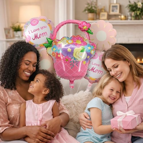 Image of Rozi Decoration Mother's Day Foil Balloon Set Pack of 5 - Floral Basket Shape Balloon with I Love You Mom Printed Round Balloons & Flower Shape Balloons for Party Decoration