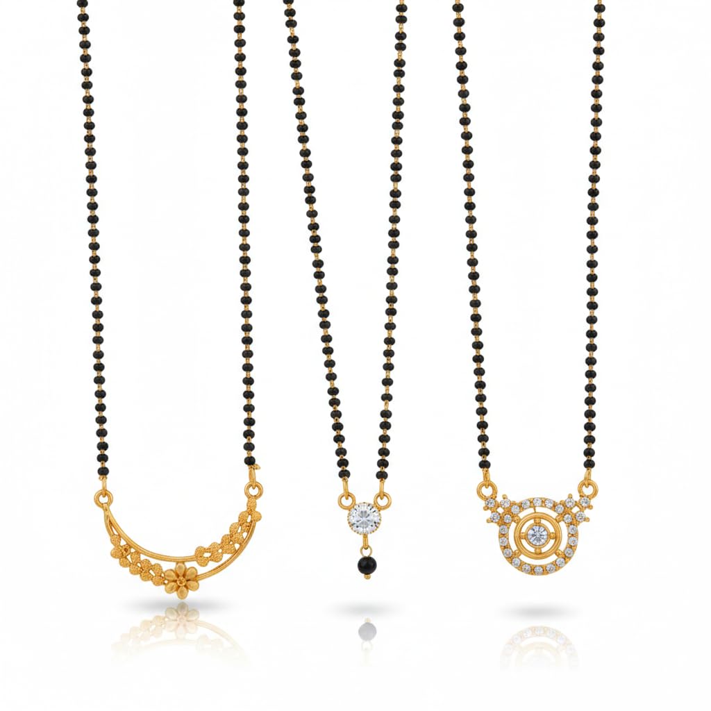 sukun enterprise Traditional Black Bead Mangalsutra Necklace Set for Women, Gold Plated with Crystal Embellishments, Pack of 3, Festive and Casual Wear-picture-29