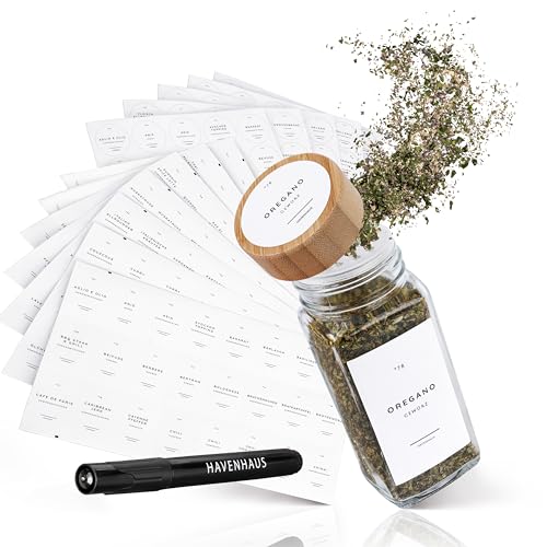 HAVENHAUS Lot de 336 étiquettes à épices autocollantes blanches - Résistantes à la graisse et à l'eau - Avec 56 étiquettes vierges pour une inscription...