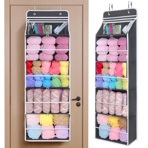 Image of Univivi Hanging Yarn Storage Organizer with 5 Zipper Closure Compartments, Large Capacity Knitting Organizer Storage, Over The Door Hanging Yarn Holder for Knitting Needles, Crochet Hooks (Dark Grey)