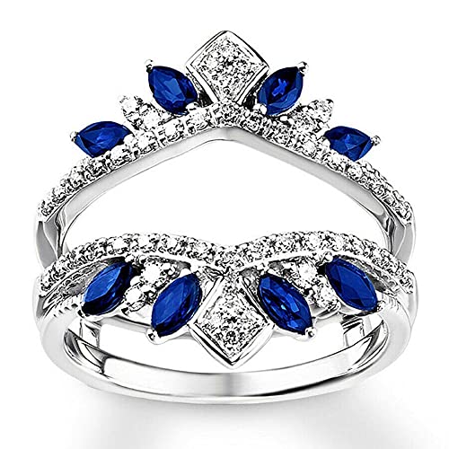 V Touch Round Cut Created Blue Sapphire & CZ Engagement Enhancer Wrap Wedding Band Ring Guard For Womens 925 Sterling Silver