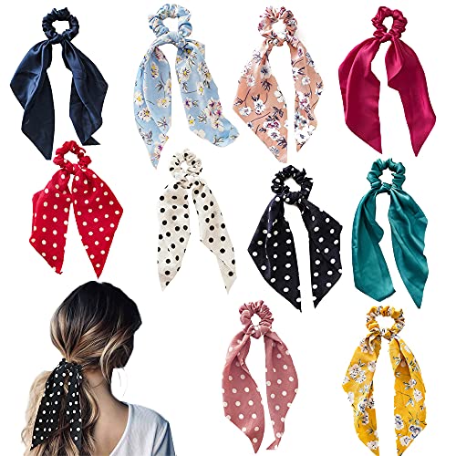 Hair Scrunchies,10 Pcs Elastic Hair Bands Different Color Ribbon Bowknot Ponytail Chiffon Hair Scrunchies for Women Girls Hair Accessories