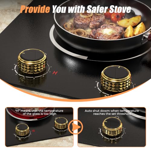 Image of 2 Burner Electric Cooktop - 12 Inch Plug in 110V Electric Cook Top Two Burner, Built-in & Countertop Ceramic Stove Top with Knob Control, 9 Power Levels and Overheat Protection (Golden Knob)
