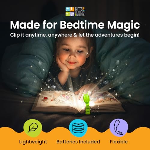 Image of Gifts for Readers & Writers Book Light for Kids, Clip On Reading Light for Bed, 2in1 Flexilight Pals & Bookmark, Small & Lightweight with a Soft Glow, 2 Batteries Included, Bookworm Green