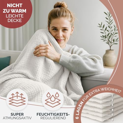 Blumtal Tagesdecke Baumwolle 150x200 cm - Musselin Decke Oeko-TEX zert. - Bettüberwurf 150x200 - Couch Überwurf - leichte Kuscheldecke Baumwolle 100% - Couchdecke Überwurf - Throw Blanket Ivory