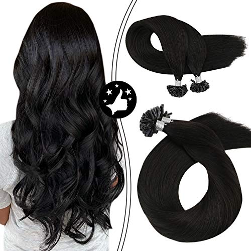Moresoo U Tip Hair Extensions Human Hair 16 Inch Black Fusion Hair Extensions Solid Color #1B Off Black Hair Extensions Natural Hair Soft Straight Hair Extensions 50G/50S