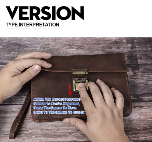 Image of Top Grain Genuine Leather Clutch Wallet with Wristlet for Man & Woman, Handmade Vintage Design, Combination Lock & Multi Pockets /Slots, RFID Large Capacity for Card /Check /Banknote /Passport, Red Brown