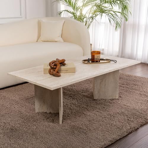 CONCEPTO FÁBRICA | Mesa de centro rectangular 119 x 60 cm Acabado Travertino TOPI | Elegancia Mineral y Reflejos Naturales | Diseño Contemporáneo Puro | Madera Melaminada Resistente | Pies Completos