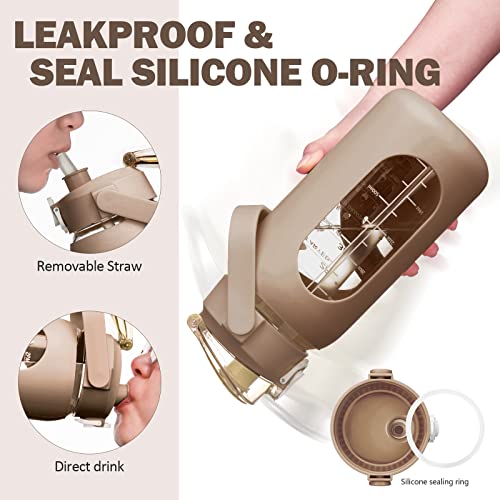 Kytffu 64Oz Glass Water Bottles With Straw, Half Gallon Motivational Glass Bottle With Silicone Sleeve And Time Marker, 2L Leakproof Large Glass Water Jug For Gym Home Office,Amber #TOP2