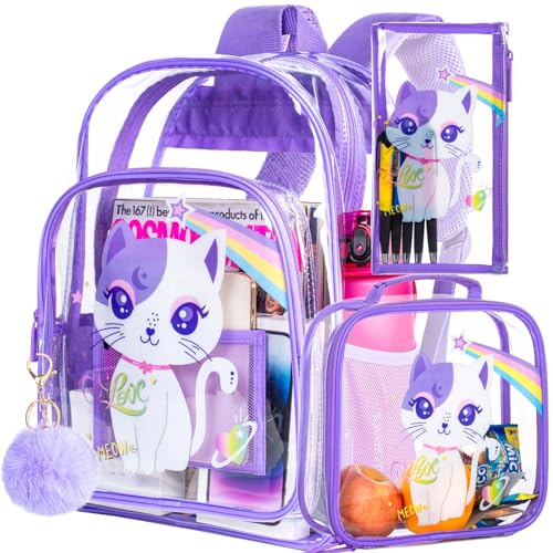 KLFVB 3PCS Clear Backpack for Girls and Boys, Kids See Through Backpacks Stadium Approved, Transparent Bookbag for Elementary