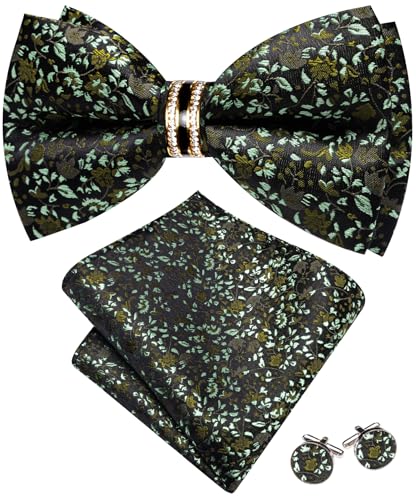 Image of YOHOWA Mens Bow Tie Set Paisley Pre-tied Bowties Adjustable with Handkerchief Cufflinks Gold Ring Set Wedding Prom Party