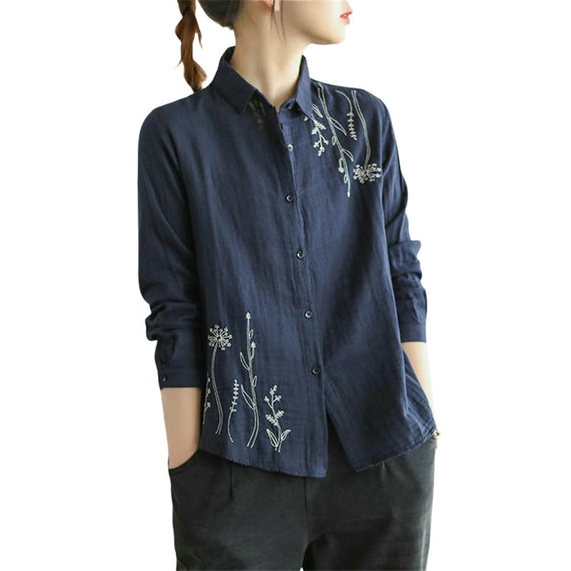 Chemise à manches longues en coton et lin brodée pour femme au style littéraire