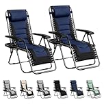 mcc direct Zero Gravity Chair Set of 2 – Padded Oxford Fabric Reclining & Folding Outdoor Garden Chairs with Cup Holder and Headrest Pillow – BLACK/BLUE OXFORD