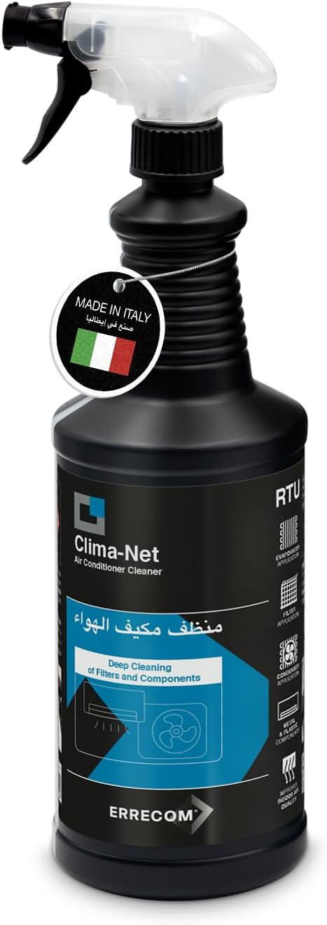 ERRECOM Clima-Net, Air Conditioner Cleaner for Central AC and Split AC, Cleans Air Ducts, AC Filters, Evaporator/Condenser Coils, Improves Airflow and Indoor Air Quality, 1 L Bottle (34 fl oz)