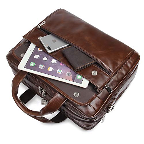 Augus Genuine Leather Mens Briefcase businessTravel Bags 15.6 Inch Laptop Bag YKK Zipper, Coffee
