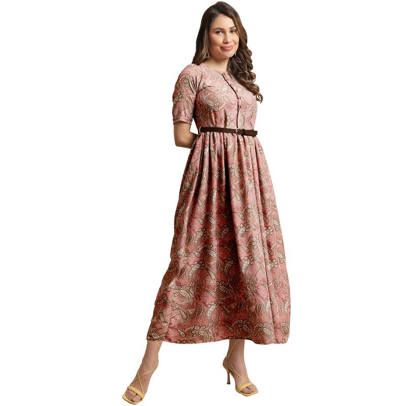 Preneum Girls's Georgette Floral Printed 3/4 Slevees A-Line Fit & Flare Gown With Belt, Pink, L