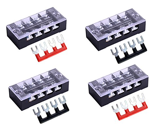 8-Pack (4 Sets) 4-Position Dual Row 600V 25A Screw Terminal Blocks with Cover + 400V 25A Pre-Insulated Barrier Strips - Tin-Plated Brass, Pure Copper Conductivity