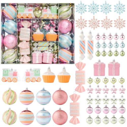 3.15' Pastel Candyland Christmas Ball Ornaments Set, 80 Pcs Cute Dessert-Themed Macaron Pink Xmas Tree Pendants with Cupcake, Train, Lollipop, Shatterproof Hand-Painted Bulk for Sweet Wonderland Party