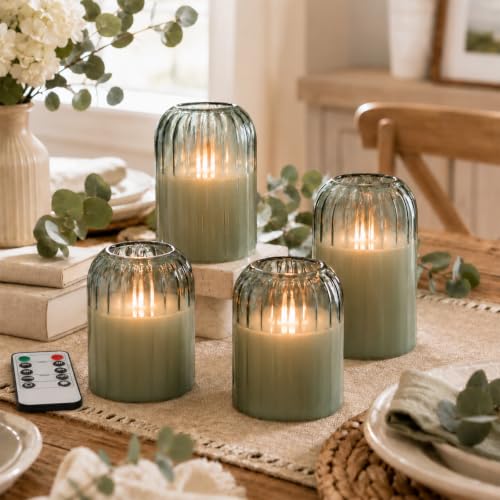 Image of Lezonic Green Glass Flameless Candles with Remote, Set of 4 Dancing Flame LED Pillar Candles, Real Wax Battery Operated Candles with 2 /4 /6 /8H Timer, Fall Halloween Thanksgiving Christmas Decor
