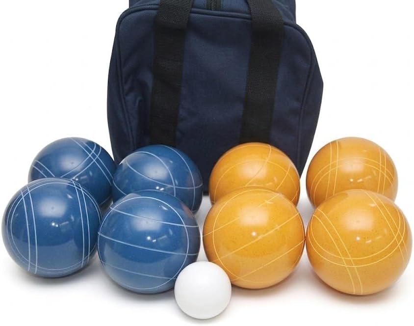 BuyBocceBalls Listing - Made in USA, Premium Quality Tournament Bocce Set - 110mm Blue and Gold Balls, Nylon Blue Bag, 998 Grams (2 lbs. 3.2 oz.). Various Bag Colors