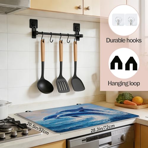 Image of Blue Jumping Dolphins Stove Top Cover for Electric Stove, Heat Resistant Glass Cooktop Cover, Stovetop Protector, Dish Drying Mats Cover for Ceramic Washer Top 28x20 inch