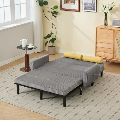 A ALFRESCOOL Sofa mit Schlaffunktion, Schlafsofa Klein, Cord Sofa 2 Sitzer, Kann als Sofa, Bett und Liegestuhl, Samtpolsterung für Wohnzimmer und Schlafzimmer, 180 * 128 * 53cm (Grau)