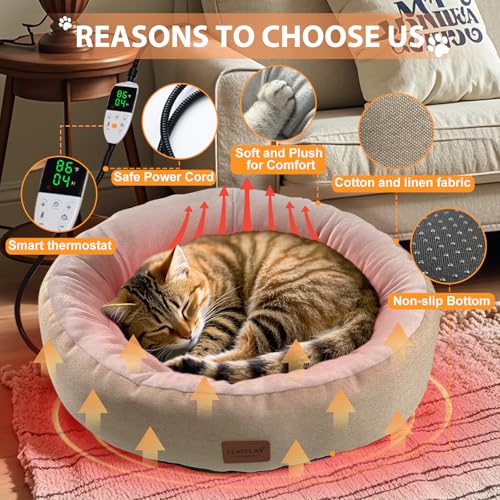 CLAYCLAY Heated Cat Bed, Round Heated Pet Bed for Indoor Cats, 20" Cozy with Timer & Temperature Adjustable, Non-Slip Bottom, Removable, Washable, Waterproof with Pet Heating Pad — view 2