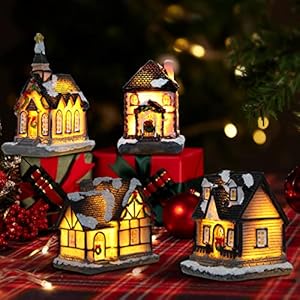 TOYESUNA Christmas Decorations Christmas Snow Village Decor Xmas Lantern Decorative Resin House Building Figurine De…