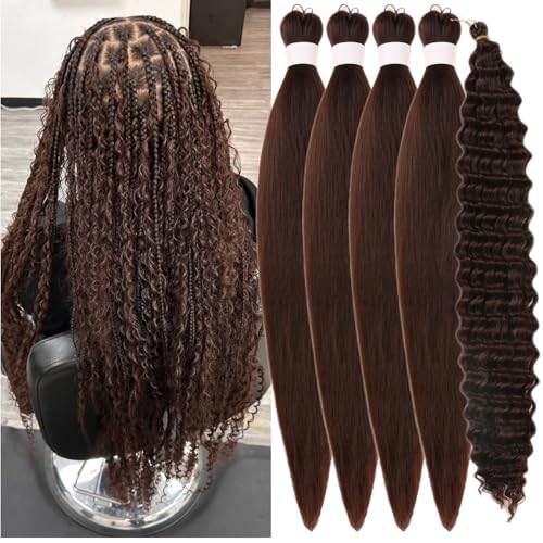 Dark Brown Braiding Hair Pre Stretched Color 4 Boho Hair for Braiding ez Braid Non Toxic Synthetic Crochet Boho Braids Deep Wave Curls Knotless Twist