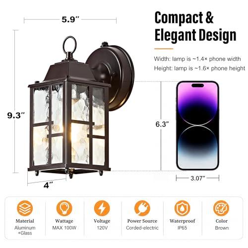 Image of 2-Pack Dusk to Dawn Outdoor Wall Lights, Weatherproof Exterior Lighting Fixture Wall Mount, Aluminum Ripple Glass Porch Light, Anti-Rust Outside Wall Sconce for House, Garage(Brown)
