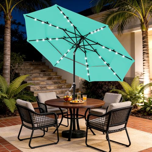Image of JEAREY 3 Tiers Patio Umbrella with Solar Lights 9ft Outdoor Market Table Umbrellas with Push Button Tilt for Outside Pool Garden, Peacock Blue