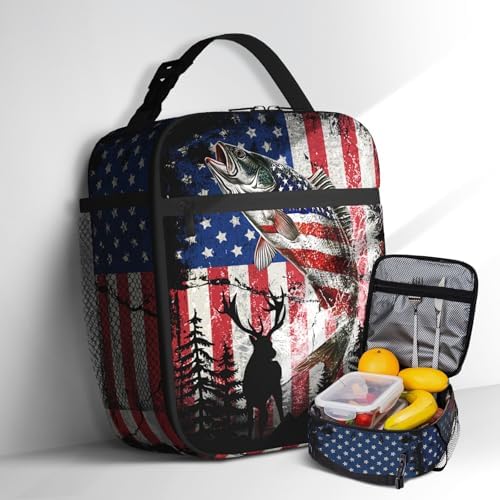 Fishing American Flag Lunch Box for Boys Girls Women Men Hunting Fish Insulated Lunch Bag Portable Lunchbox with Handle Reusable Large Capacity Cooler Bag for School Work Office Travel Picnic