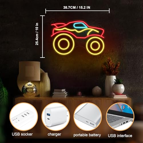 Image of CoolGift Mart Monster Truck Neon Light, Dimmable LED Truck Neon Wall Sign USB Powered with 4-Color Lights, for Bedroom Living Room Game Room Man Cave Home Birthday Gift for Boys Men
