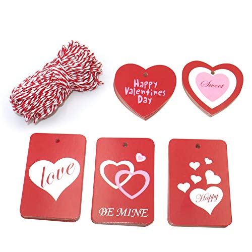 Gift Tags,Valentine Tags,100 Pcs Red Kraft Paper Tags with String for Valentine's Day,Wedding Party Gift Wrapping Labeling,5 Designs