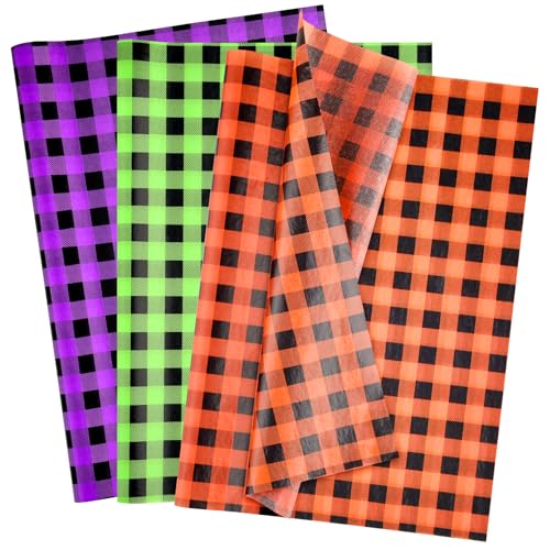 Image of NEBURORA 60 Sheets Halloween Tissue Paper 14 x 20inch Orange Green Purple Buffalo Plaid Wrapping Paper for DIY Craft Gift Bags Halloween Party Supplies