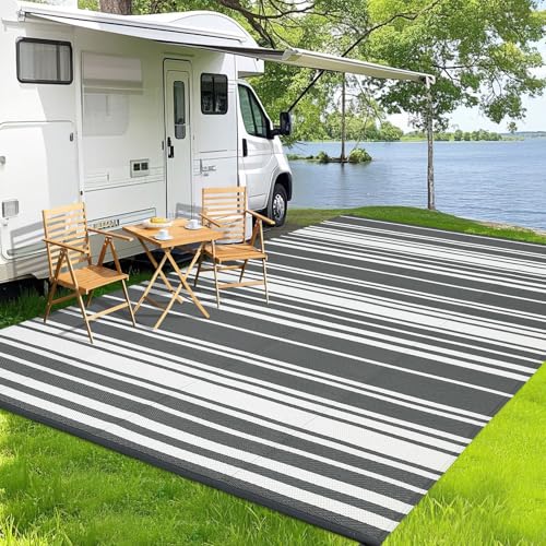 Garvee Outdoor Rug 9x12 Patio Waterproof, Large Outdoor Plastic Straw Rug, Reversible Out Door Carpet for Camping, Deck, Rv, 9 x 12 Area Carpet for Balcony, Porch, Backyard Grey 9' x 12' (Re