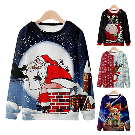 Pull de Noël Homme Imprimé Fesses du Père Noël - Tee Shirt Manche Longue Casual Sport - Flocon de Neige Ugly Moche Drôle - Jumper Sweat Renne One Piece