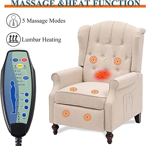 Oqqoee Wingback Recliner Chair With Massage & Heat Vibration, Fabric Push Back Accent Chairs Set Of 2 Diamond Tufted Reclining Armchair For Living Room, Bedroom (Fabric, Beige*2) #TOP4