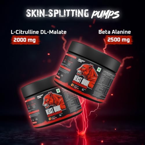 Image of Beastlife Pre-Workout | 105 gm | Fruit Punch Flavor | Boosts Pump & Energy | Speeds Up Recovery | 2000 mg Citrulline | 2500 mg Beta-Alanine | 200 mg Caffeine | 500 mg Betaine