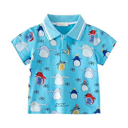Boys Kids Pique Polo Shirt Short Sleeve Penguin Graphic Tee Button Up Lapel Collar Toddler Summer Golf Tennis Tops