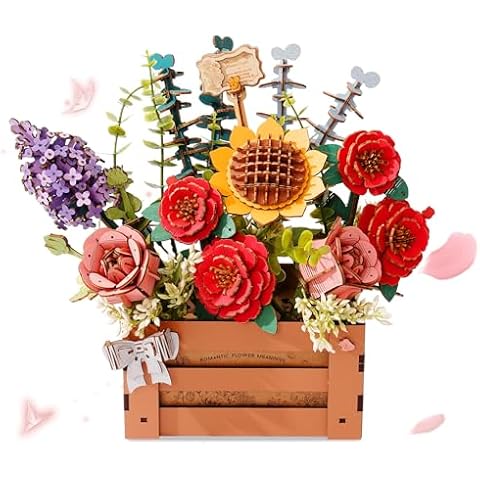 rowood Artifical Flowers,Wooden Flower Bloom Box Building Toy Set,DIY 3D Wooden Puzzles for Adults,Botanical Collection Craft Kit as Thanksgiving Decoration Christmas Birthday Valentine Gift Cover