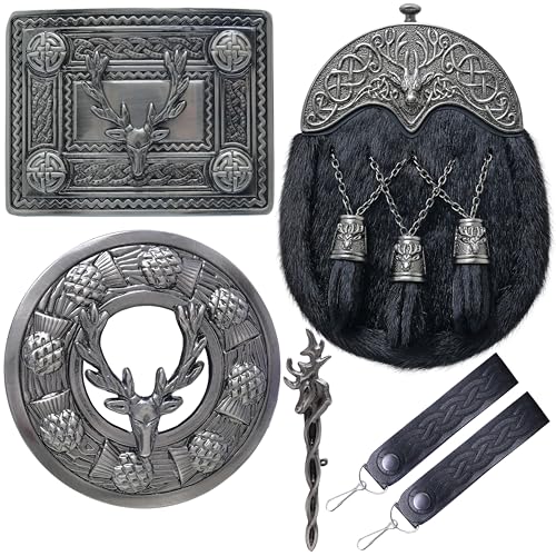Full Dress Kilt Sporran for Men Genuine Leather Sporrans with Chain Belt Plaid Brooch Sporran Suspender (Stag Head - Black)
