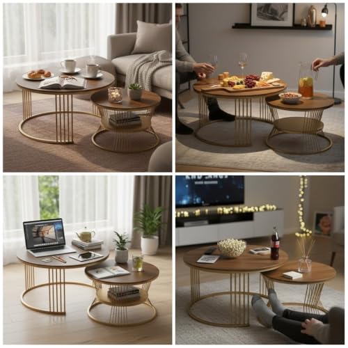 Image of RIZIK Store Iron Frame Handmade 20.5 inch x 20.5 inch Round Coffee Table /Nesting Table /Side Table /Center Table with Engineered Wood Top for Living Room /Drawing Room /Balcony (Brown Gold)